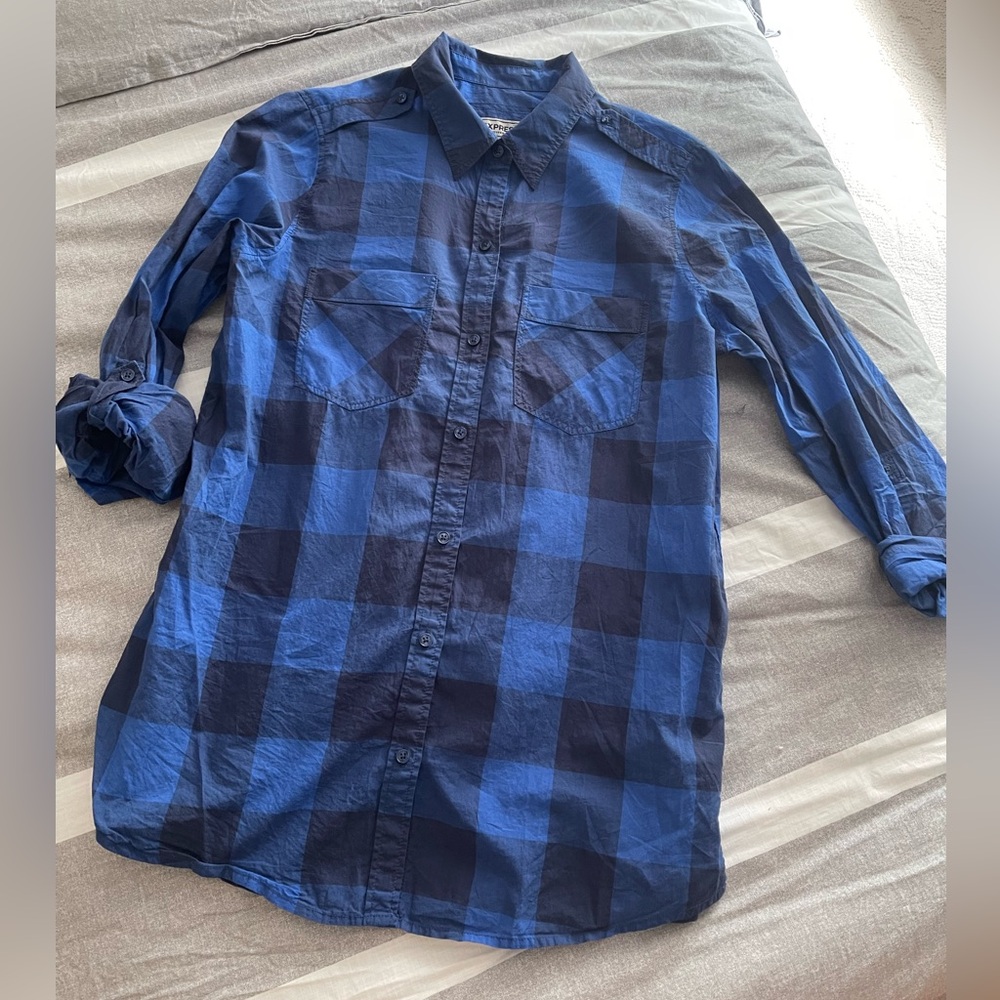 Express blue Plaid Boyfriend shirt 100% cotton